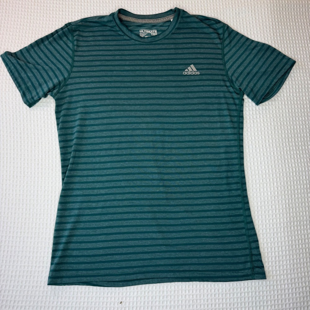 Adidas Ultimate Tee Mens Medium Green Striped‎ Climalite Short Sleeve T-Shirt